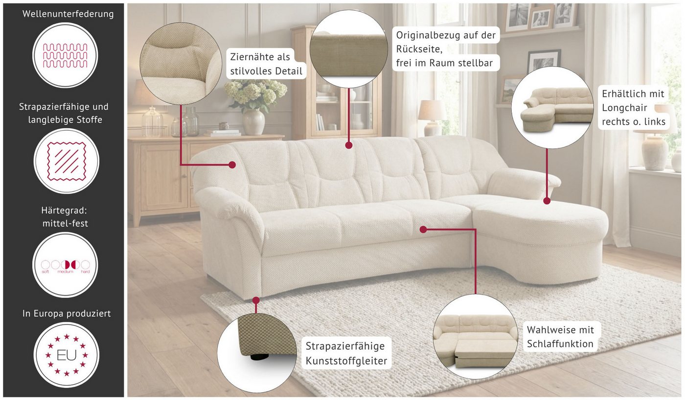 OTTO home Ecksofa Langelland 232 x 146 cm, auch mit Schlaffunktion, mittelfester Sitz, L-Form, mit Federkern, pflegeleichter, weicher Luxus-Microfaser – Bild 3 von 5