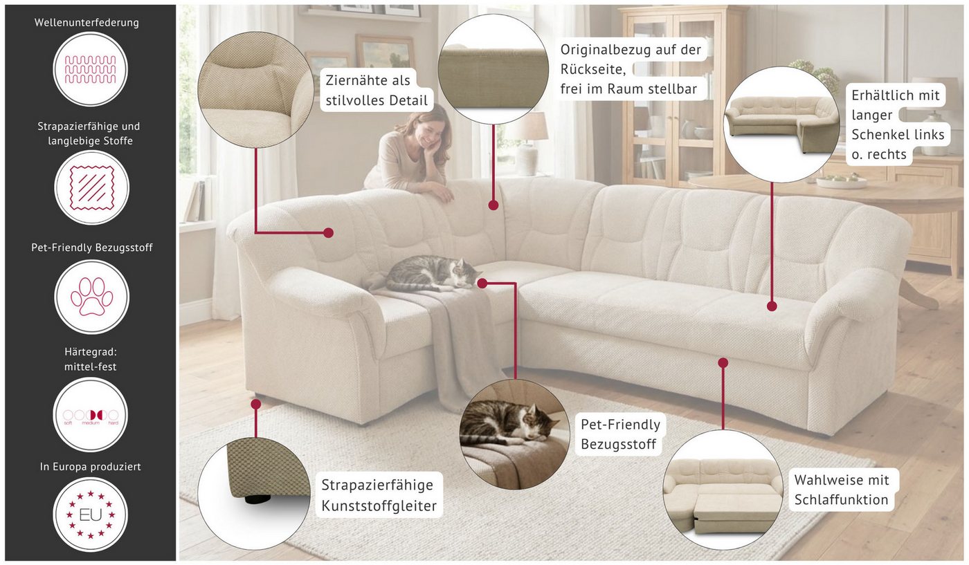 OTTO home Ecksofa Langelland 232 x 146 cm, auch mit Schlaffunktion, mittelfester Sitz, L-Form, mit Federkern, pflegeleichter Pet Friendly Bezugsstoff – Bild 3 von 5