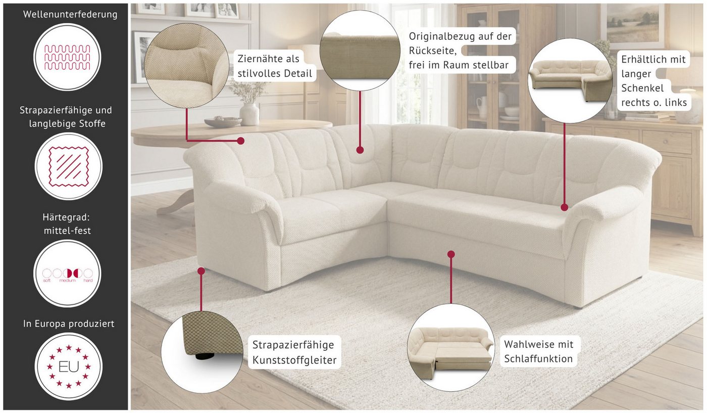 OTTO home Ecksofa Langelland 232 x 146 cm, auch mit Schlaffunktion, mittelfester Sitz, L-Form, mit Federkern, pflegeleichter, weicher Luxus-Microfaser – Bild 3 von 5