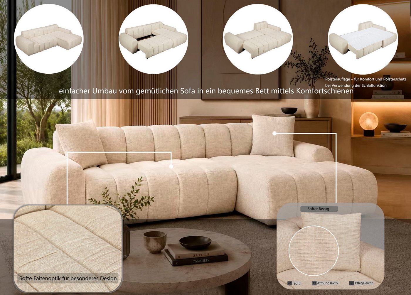 OTTO home Ecksofa LAURRENT mit Schlaffunktion, Feinstruktur, L-Form, 246 cm, Liegefläche (123/191cm), Bettkasten, Taschenfederkern u. Topper – Bild 3 von 5