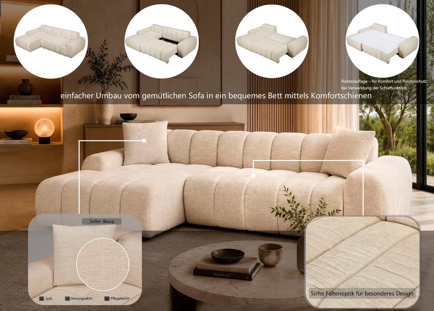OTTO home Ecksofa LAURRENT mit Schlaffunktion, Feinstruktur, L-Form, 246 cm, Liegefläche (123/191cm), Bettkasten, Taschenfederkern u. Topper – Bild 3 von 5