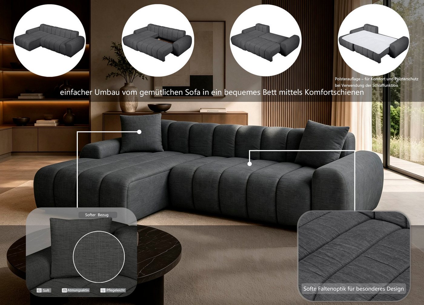 OTTO home Ecksofa LAURRENT mit Schlaffunktion, Feinstruktur, L-Form, 246 cm, Liegefläche (123/191cm), Bettkasten, Taschenfederkern u. Topper – Bild 3 von 5