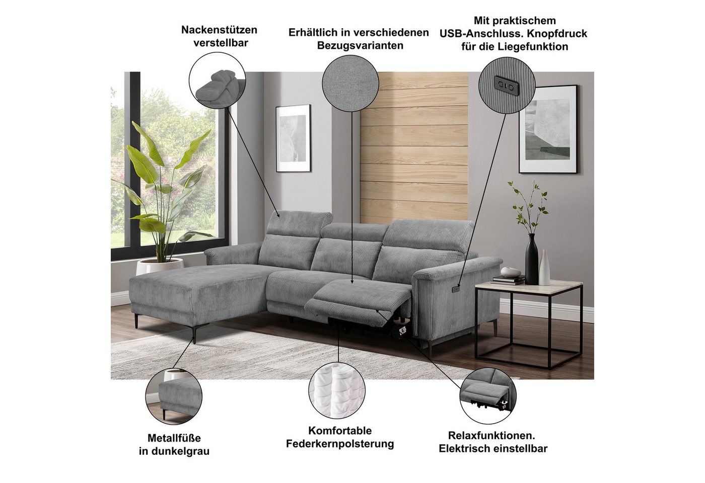 OTTO home Ecksofa LUND Cord, L-Form, 261 cm, man. o. elektr. Relaxfunktion (mit USB-A), mit USB A-Anschluss bei elektrischer Variante und Kopfteilverstellung – Bild 4 von 5
