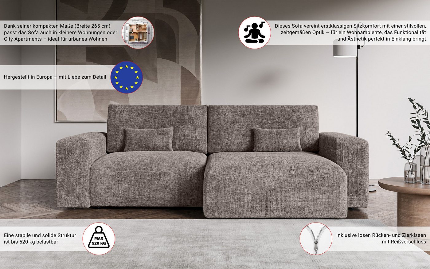 OTTO home Ecksofa MATTS Schlafsofa mit Bettkasten, Maße B/T/H: 265/159/89 cm, L-Form mit Recamiere rechts oder links, hoher Sitzkomfort – Bild 4 von 5