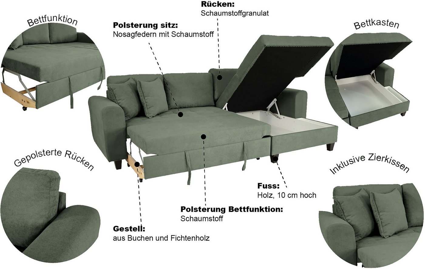 OTTO home Ecksofa Moritz L-Form, B: 265 cm, mit Schlaffunktion, Bettkasten & Zierkissen – Bild 3 von 5