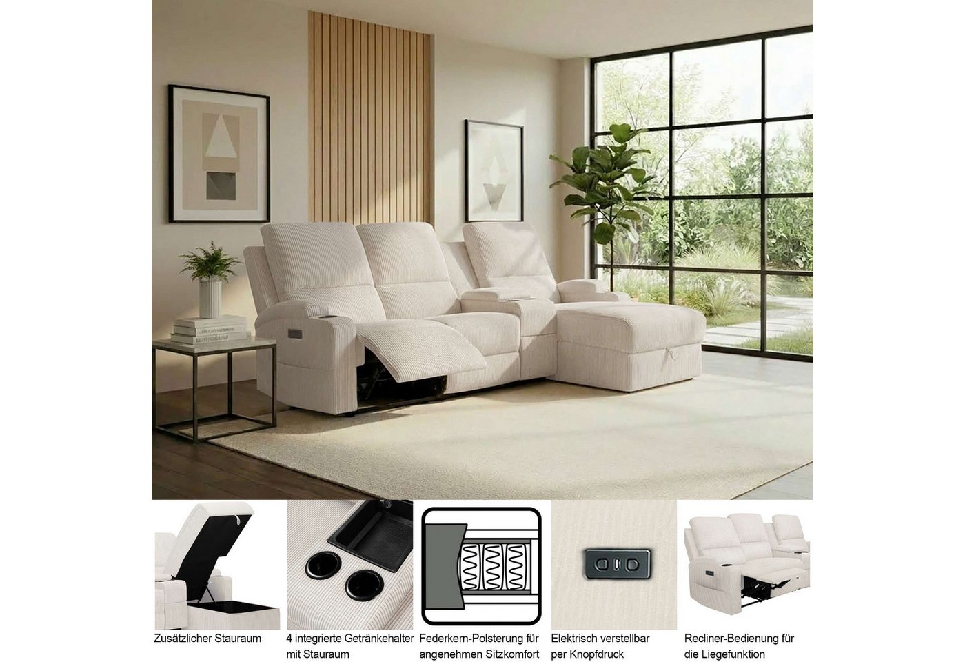 OTTO home Ecksofa NAPORI Cord, Multimediasofa, 3er Kinosessel XXL, L-Form, Kinosofa, manuelle o. elektr. Relaxfunktion, Staufach, Getränkehalter – Bild 4 von 5