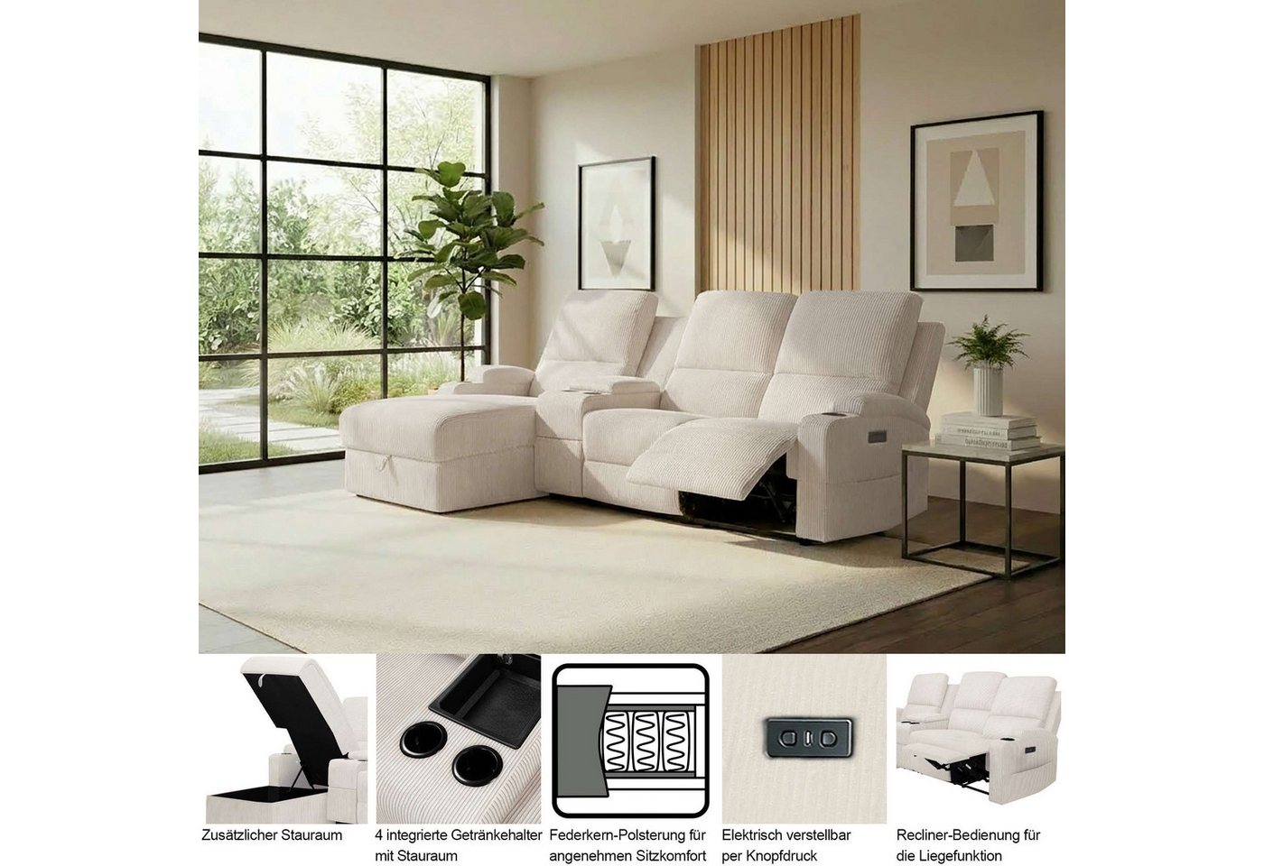 OTTO home Ecksofa NAPORI Cord, Multimediasofa, 3er Kinosessel XXL, L-Form, Kinosofa, manuelle o. elektr. Relaxfunktion, Staufach, Getränkehalter – Bild 5 von 5