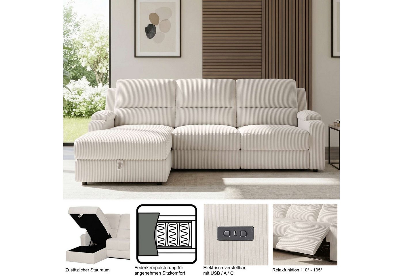 OTTO home Ecksofa NAPORI Kunstleder, L-Form, 210cm, man./elektr. Relaxfunktion, USB-A bei elektr. Variante, Staukasten, Seitentaschen u. Federkern – Bild 3 von 5