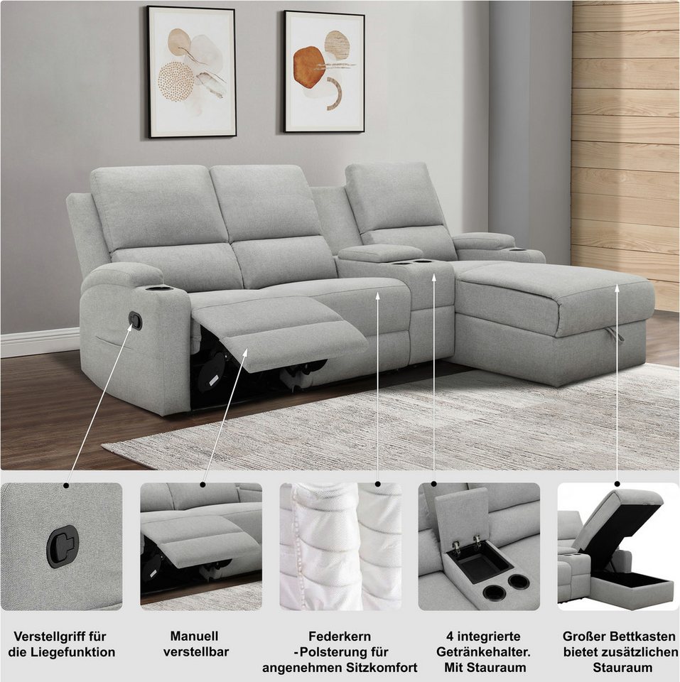 OTTO home Ecksofa NAPORI Struktur, Multimediasofa, 3er Kinosessel XXL, L-Form, Kinosofa, manuelle o. elektr. Relaxfunktion, Staufach, Getränkehalter – Bild 3 von 5