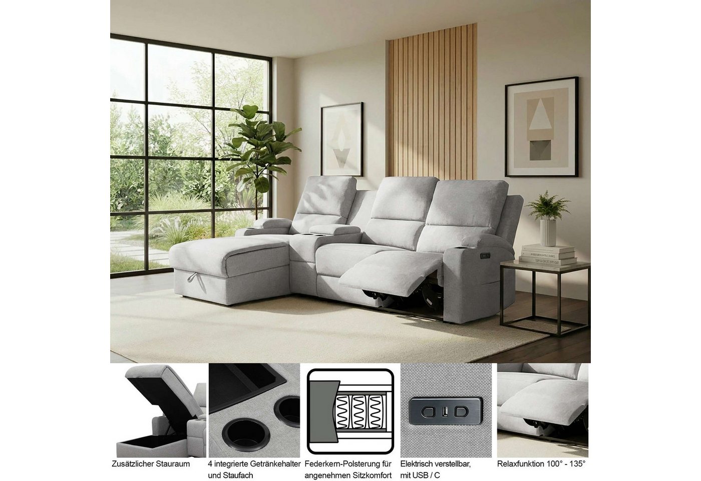 OTTO home Ecksofa NAPORI Struktur, Multimediasofa, 3er Kinosessel XXL, L-Form, Kinosofa, manuelle o. elektr. Relaxfunktion, Staufach, Getränkehalter – Bild 3 von 5