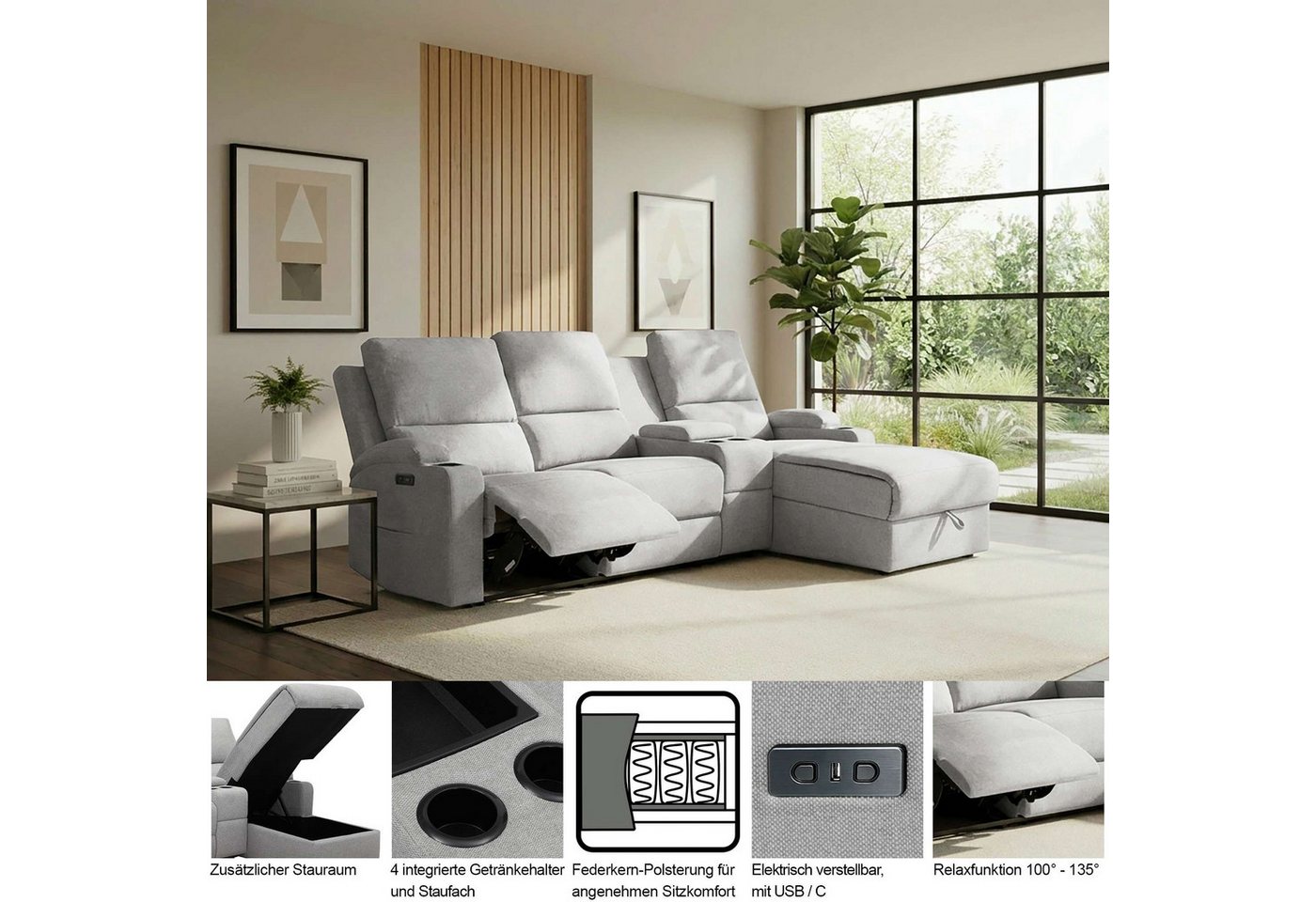 OTTO home Ecksofa NAPORI Struktur, Multimediasofa, 3er Kinosessel XXL, L-Form, Kinosofa, manuelle o. elektr. Relaxfunktion, Staufach, Getränkehalter – Bild 3 von 5