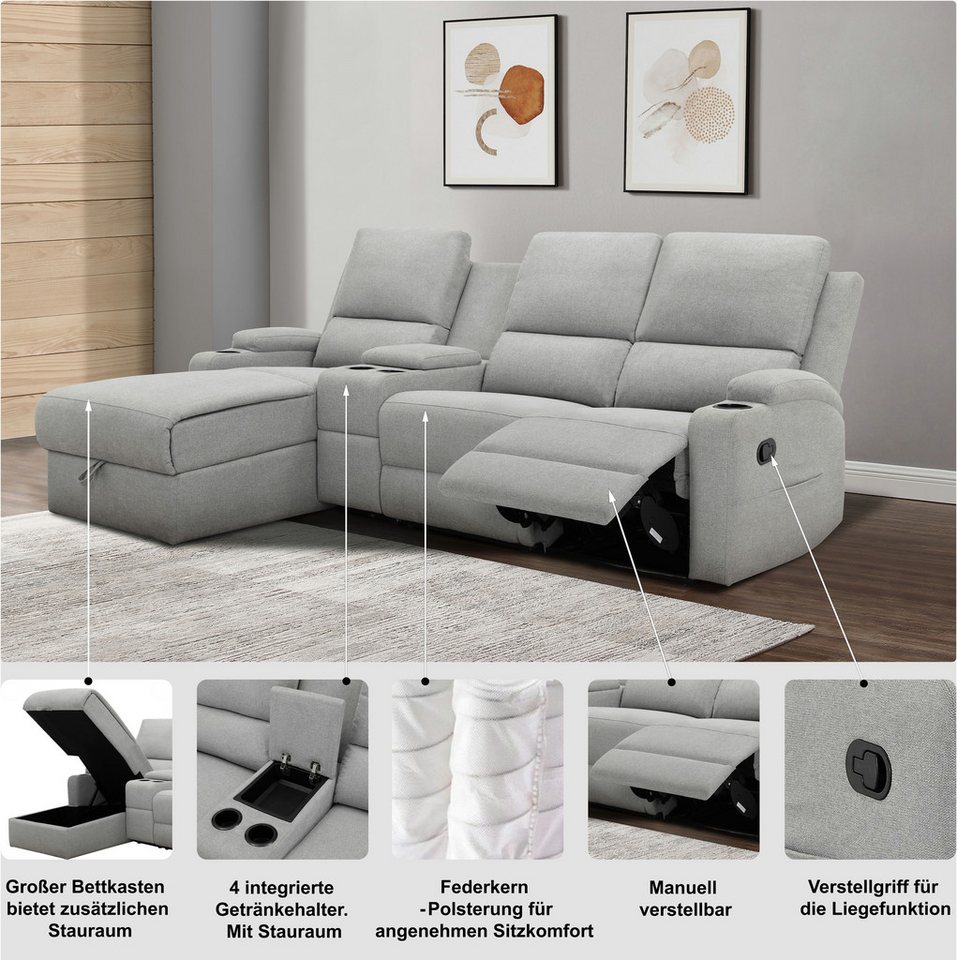 OTTO home Ecksofa NAPORI Struktur, Multimediasofa, 3er Kinosessel XXL, L-Form, Kinosofa, manuelle o. elektr. Relaxfunktion, Staufach, Getränkehalter – Bild 3 von 5