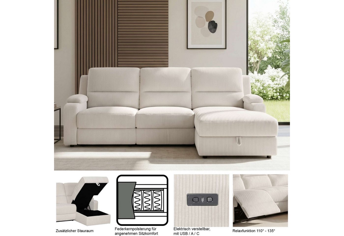OTTO home Ecksofa NAPORI Struktur-Bezug, L-Form, 210cm, man./elektr. Relaxfunktion, USB-A bei elektr. Variante, Staukasten, Seitentaschen u. Federkern – Bild 3 von 5