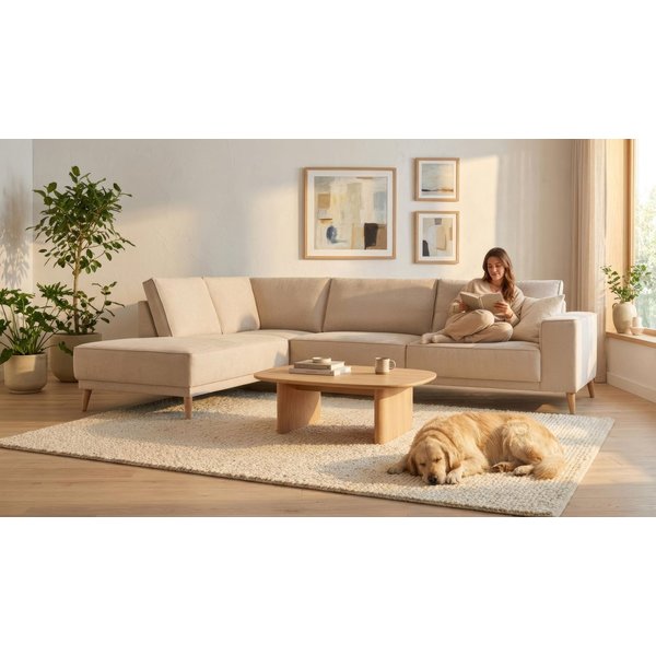 OTTO home Ecksofa Oland Skandi, weicher Chenille-Stoff, L-Form, 289 cm, Wellenunterfederung, Skandi-Design, Massivholzfüße