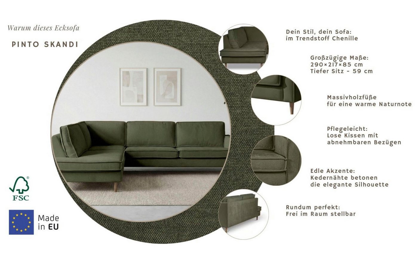 OTTO home Ecksofa Pinto Skandi, 290 cm, Chenille, Struktur, Ottomane links / rechts, mit Keder, Massivholzfüße Eiche geräuchert, Wellenunterfederung – Bild 3 von 5
