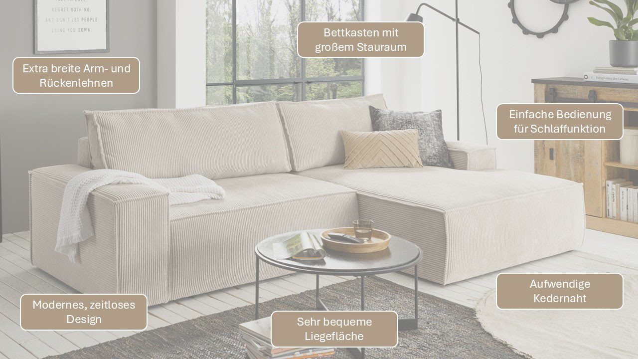 OTTO home Ecksofa SHERWOOD Cord L-Form, 267 cm - OTTO. Verlässliche Qualität., Schlaffunktion mit Bettkasten (210x136 cm), Cord, Vintage, Samtvelours – Bild 4 von 5