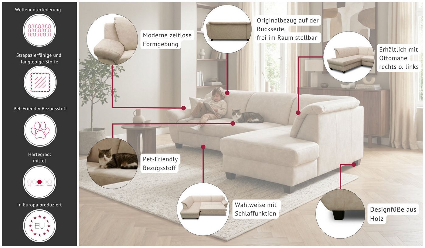 OTTO home Ecksofa Sillkeborg 254 x 186 cm, formschönes Sofa mit dunklen Füßen, aus haustierfreundlichem Pet Friendly Bezug – Bild 3 von 5