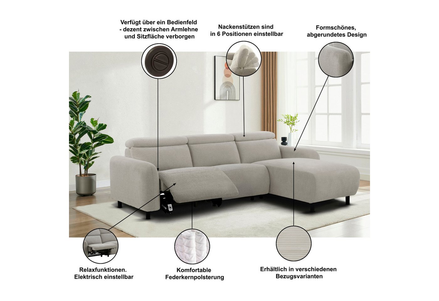 OTTO home Ecksofa SKAANE Struktur, L-Form, 274 cm, manuelle/elektrische Relaxfunktion, rundes Design, Kopfteilverstellung, Federkernpolsterung – Bild 4 von 5
