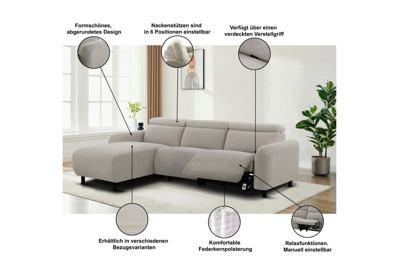 OTTO home Ecksofa SKAANE Struktur, L-Form, 274 cm, manuelle/elektrische Relaxfunktion, rundes Design, Kopfteilverstellung, Federkernpolsterung – Bild 3 von 5