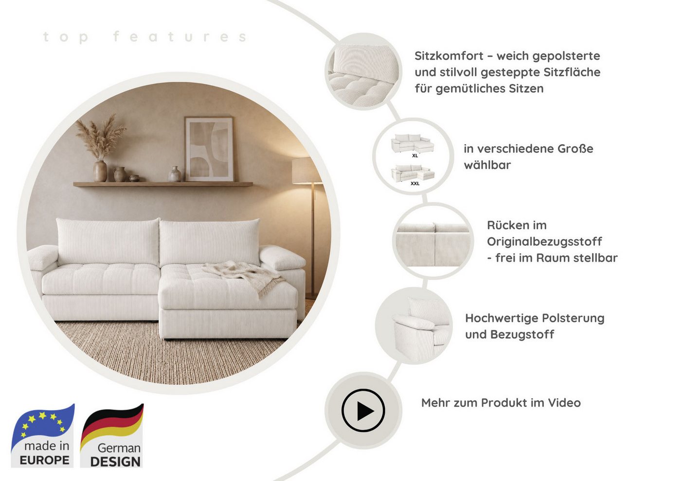 OTTO home Ecksofa Soft&Cosy Pik XL, L-Form, B: 246 cm, Mega Sofa in Cord, Lounge-Komfort mit edler Sitzsteppung, Federkern – Bild 3 von 5
