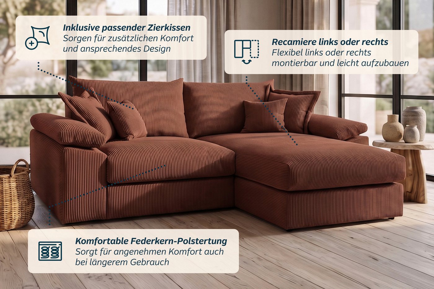 OTTO home Ecksofa Soft&Cosy XL L-Form, B: 246 cm - OTTO. Verlässliche Qualität., Mega-Sofa, Cord oder Chenille-Struktur, mit Federkern & 4 Zierkissen – Bild 4 von 5