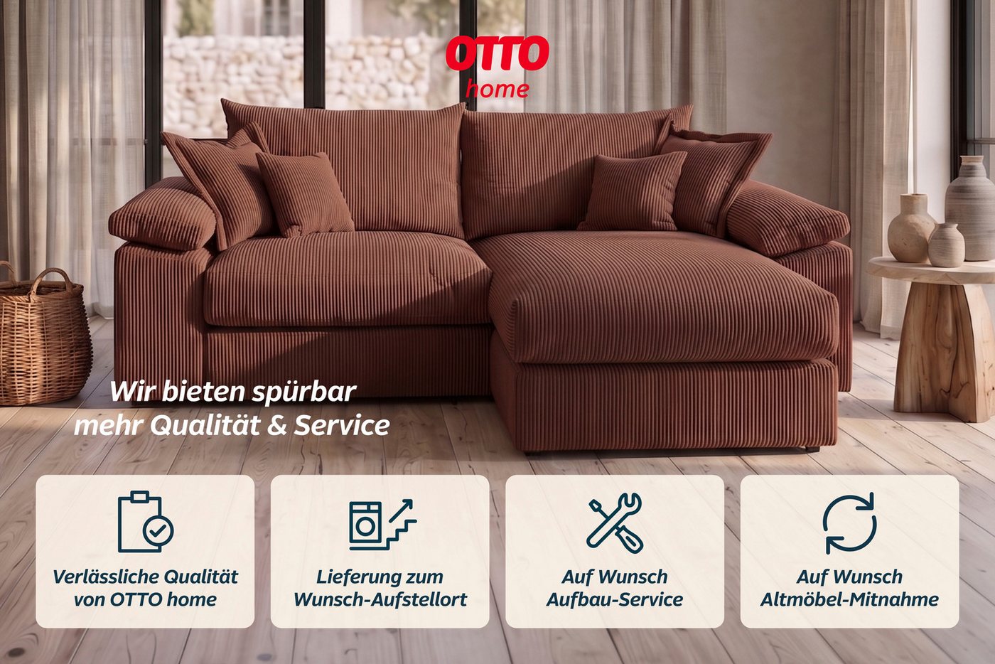 OTTO home Ecksofa Soft&Cosy XL L-Form, B: 246 cm - OTTO. Verlässliche Qualität., Mega-Sofa, Cord oder Chenille-Struktur, mit Federkern & 4 Zierkissen – Bild 5 von 5