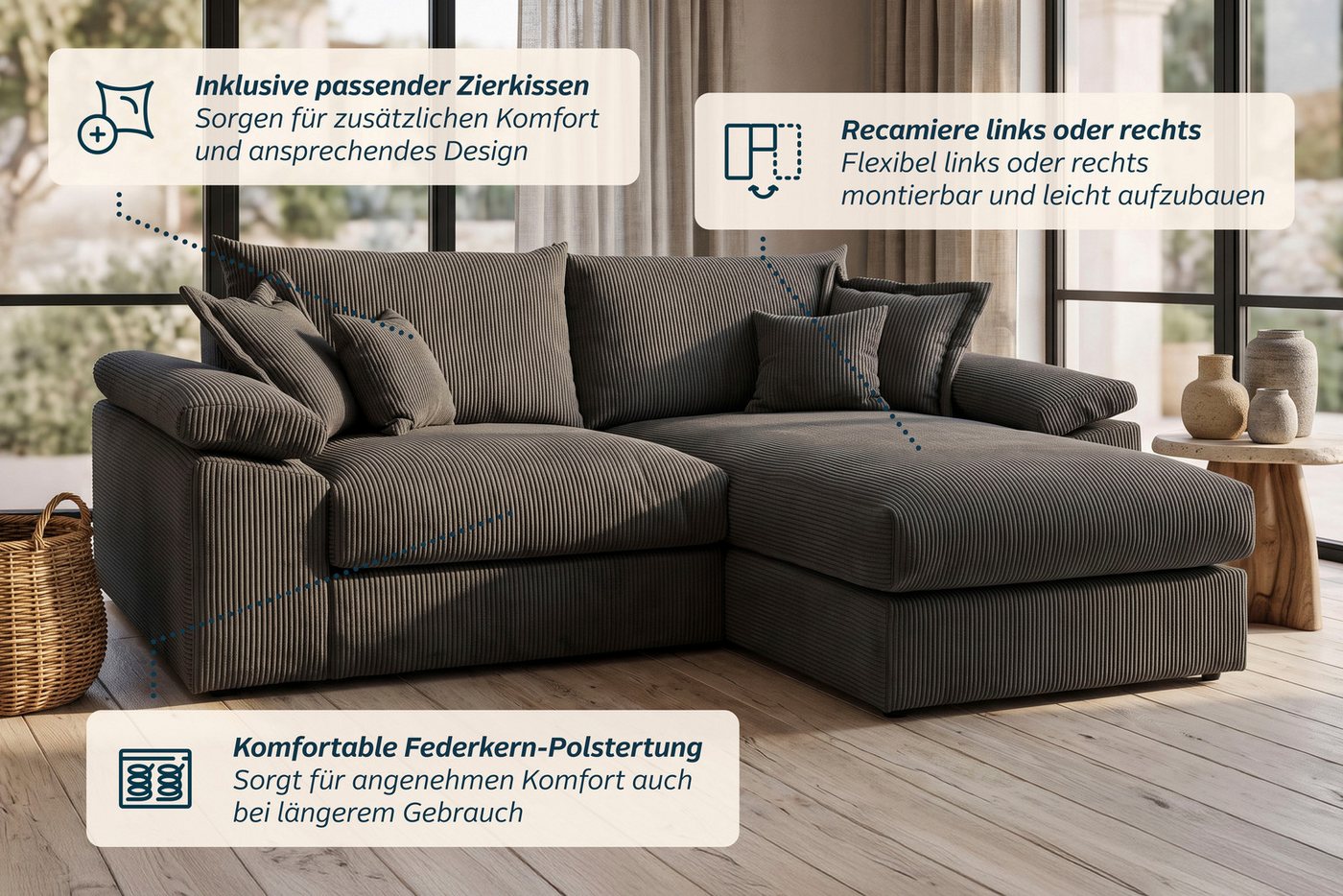 OTTO home Ecksofa Soft&Cosy XL L-Form, B: 246 cm - OTTO. Verlässliche Qualität., Mega-Sofa, Cord oder Chenille-Struktur, mit Federkern & 4 Zierkissen – Bild 4 von 5