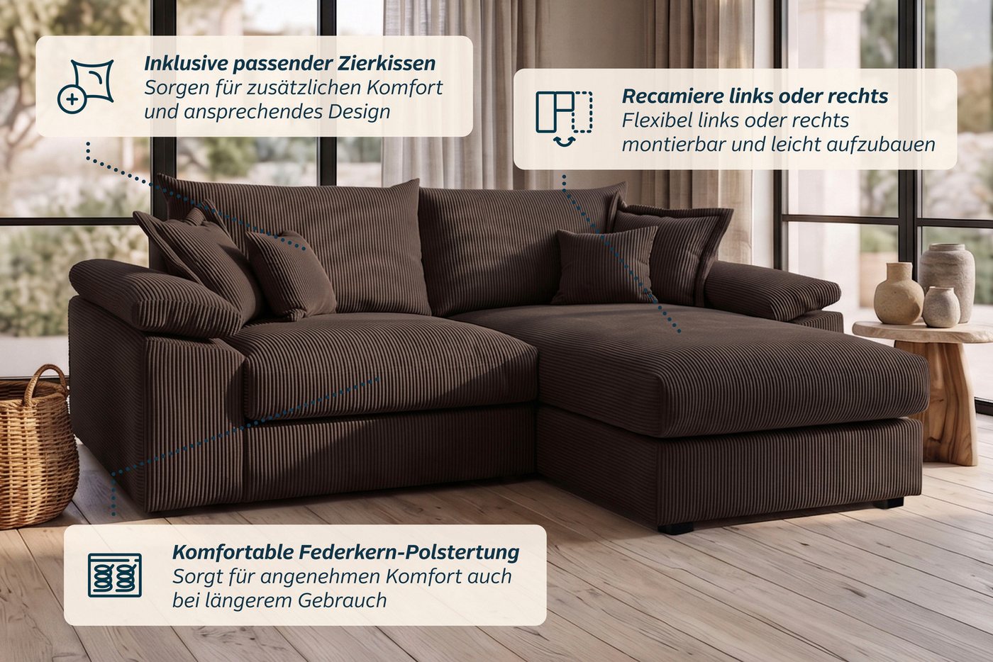 OTTO home Ecksofa Soft&Cosy XL L-Form, B: 246 cm - OTTO. Verlässliche Qualität., Mega-Sofa, Cord oder Chenille-Struktur, mit Federkern & 4 Zierkissen – Bild 4 von 5