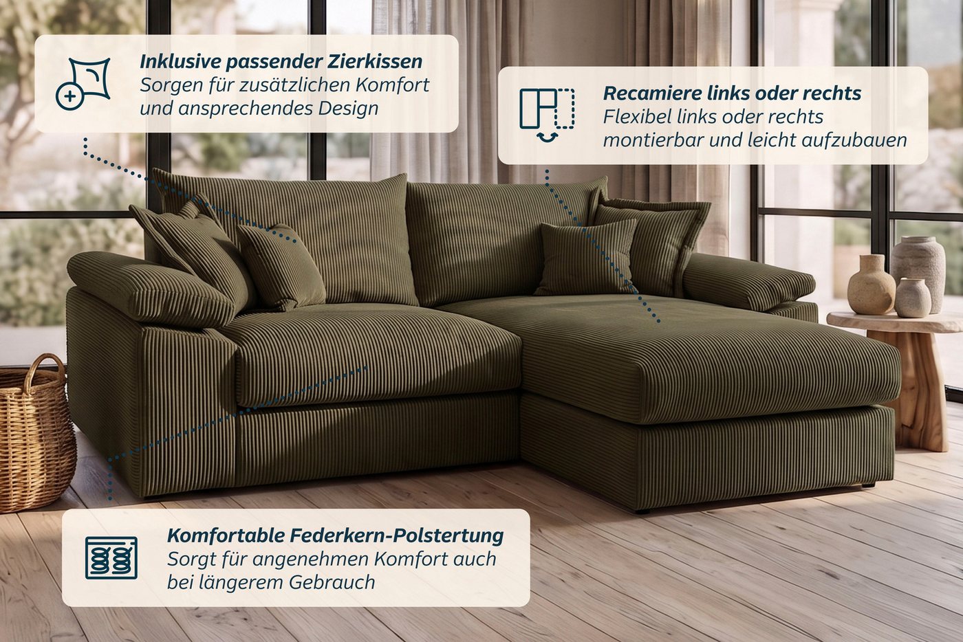 OTTO home Ecksofa Soft&Cosy XL L-Form, B: 246 cm - OTTO. Verlässliche Qualität., Mega-Sofa, Cord oder Chenille-Struktur, mit Federkern & 4 Zierkissen – Bild 4 von 5