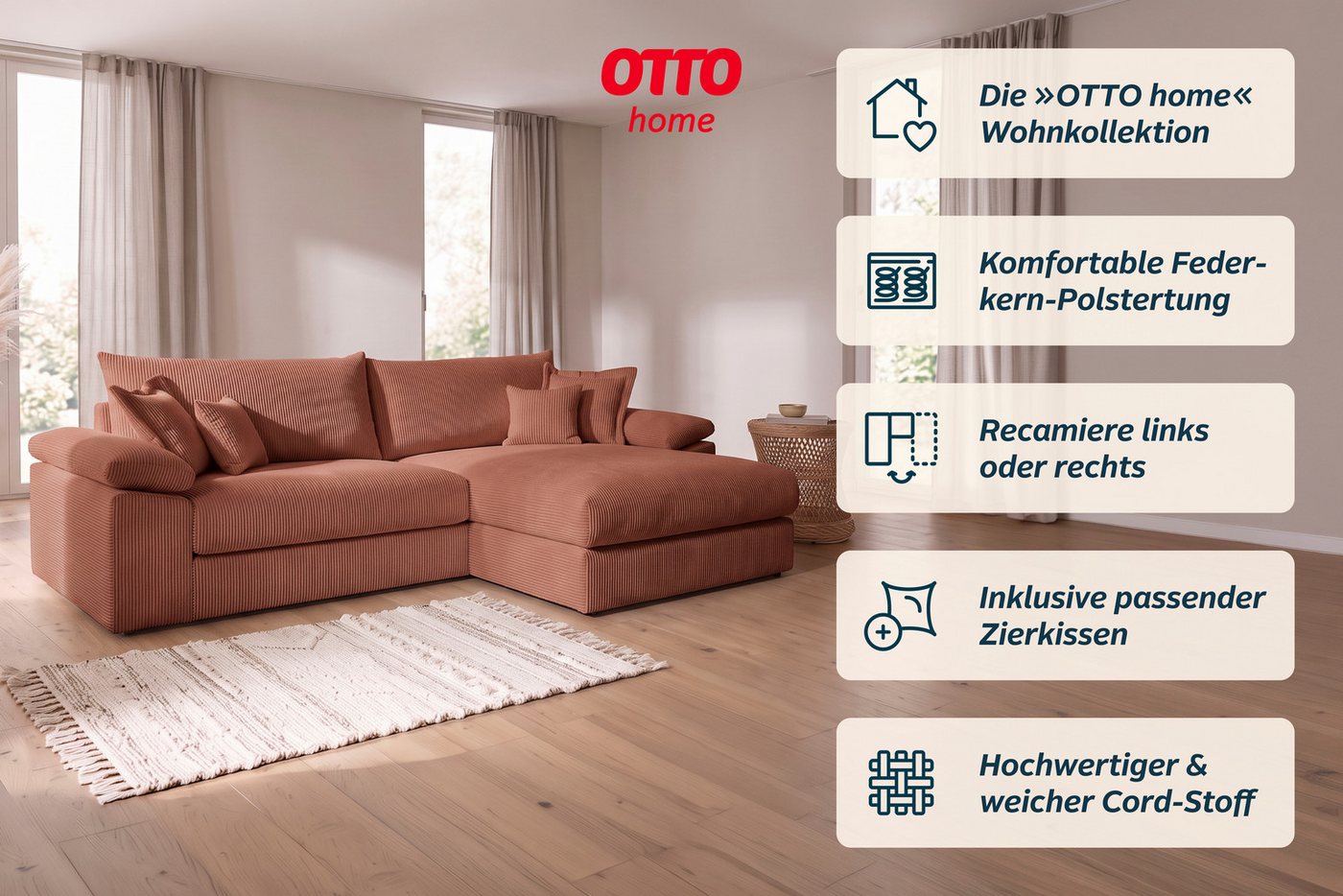 OTTO home Ecksofa Soft&Cosy XXL L-Form, B: 303 cm - OTTO. Verlässliche Qualität., Mega-Sofa, Cord oder Chenille-Struktur, mit Federkern & 4 Zierkissen – Bild 5 von 5