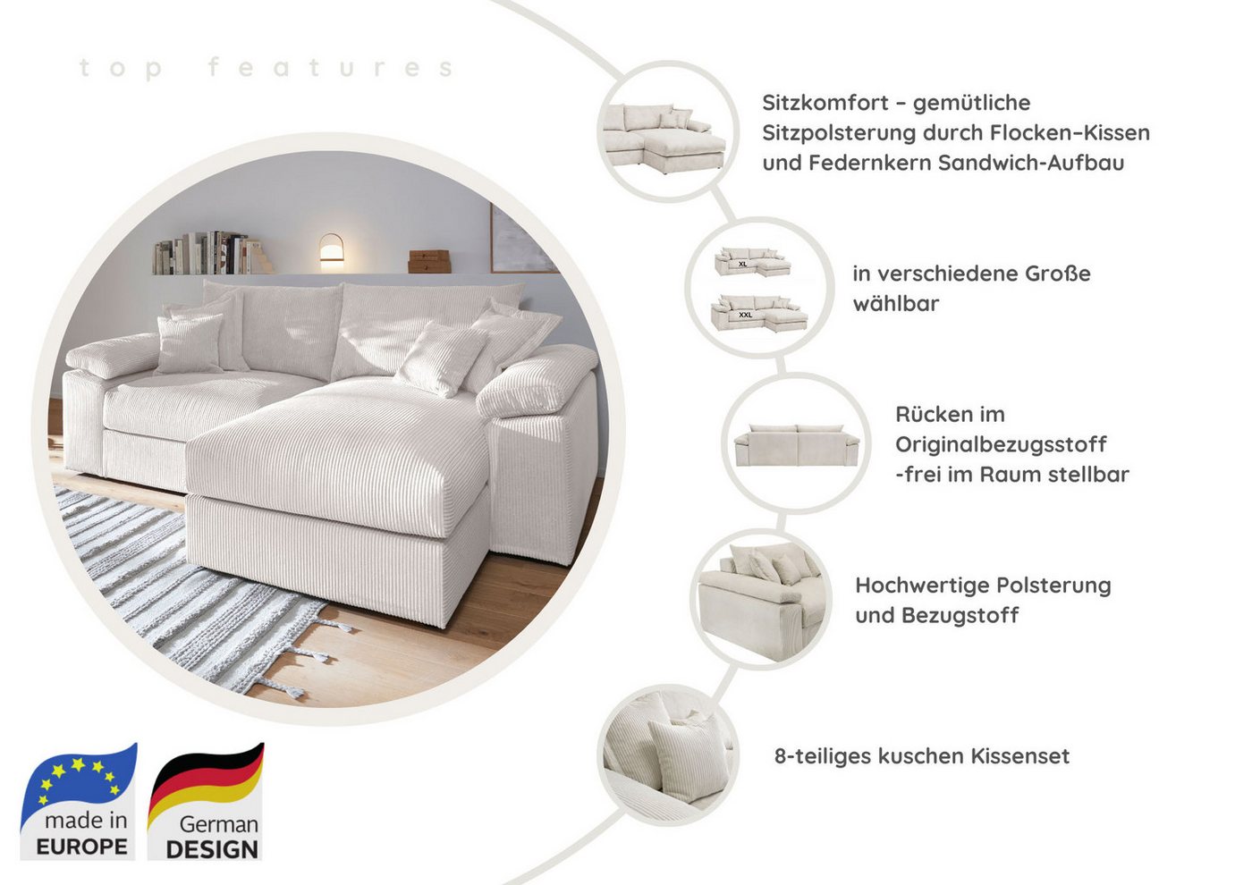 OTTO home Ecksofa Soft&Cosy XXL L-Form, B: 303 cm - OTTO. Verlässliche Qualität., Mega-Sofa, Cord oder Chenille-Struktur, mit Federkern & 4 Zierkissen – Bild 3 von 5