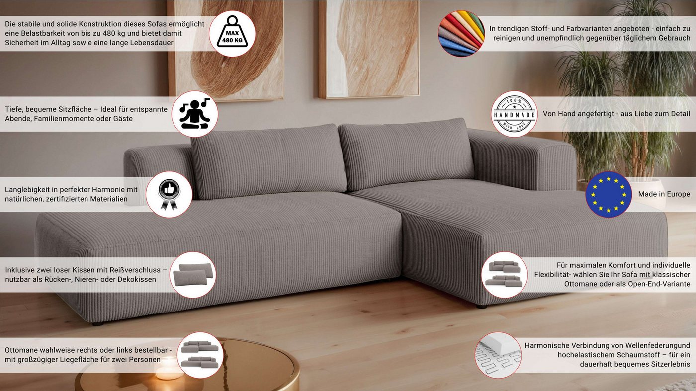 OTTO home Ecksofa TIARRA Design-Sofa mit Ottomane recht/links bestellbar, Breite 287 cm, L-Form mit hochelastischer Schaum und Wellenunterfederung – Bild 3 von 5