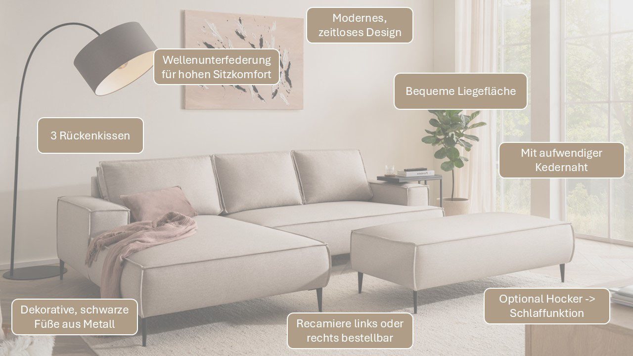 OTTO home Ecksofa TVINNU Cord, L-Form, Breite 275 cm, wahlweise Recamiere rechts/links, schwarze Füße, bequemer Sitzkomfort – Bild 4 von 5