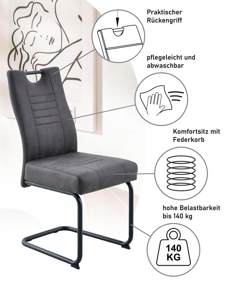 OTTO home Essgruppe "Altona", Esstisch ausziehbar plus 6 Stühle, (7-tlg., Esstisch ausziehbar 140 - 180 cm, 6 Freischwinger), Säulentisch 140-180x90 cm, Stuhl m – Bild 3 von 5