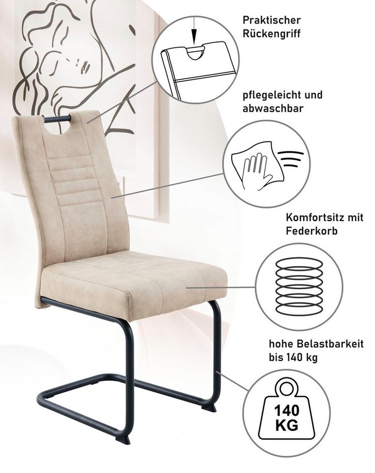 OTTO home Essgruppe "Altona", Esstisch ausziehbar plus 6 Stühle, (7-tlg., Esstisch ausziehbar 140 - 180 cm, 6 Freischwinger), Säulentisch 140-180x90 cm, Stuhl m – Bild 3 von 5