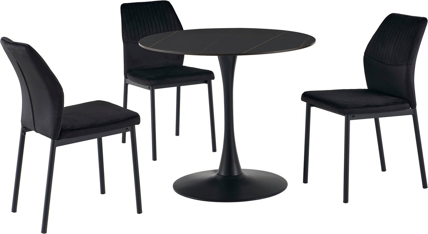 OTTO home Essgruppe Freya, Set, 4-tlg., (Set, 4-tlg., 3 Stühle + 1 Esstisch), runder Esstisch 90 cm in Sinterstein, Black Copper mit 3 Samtstühlen – Bild 2 von 5