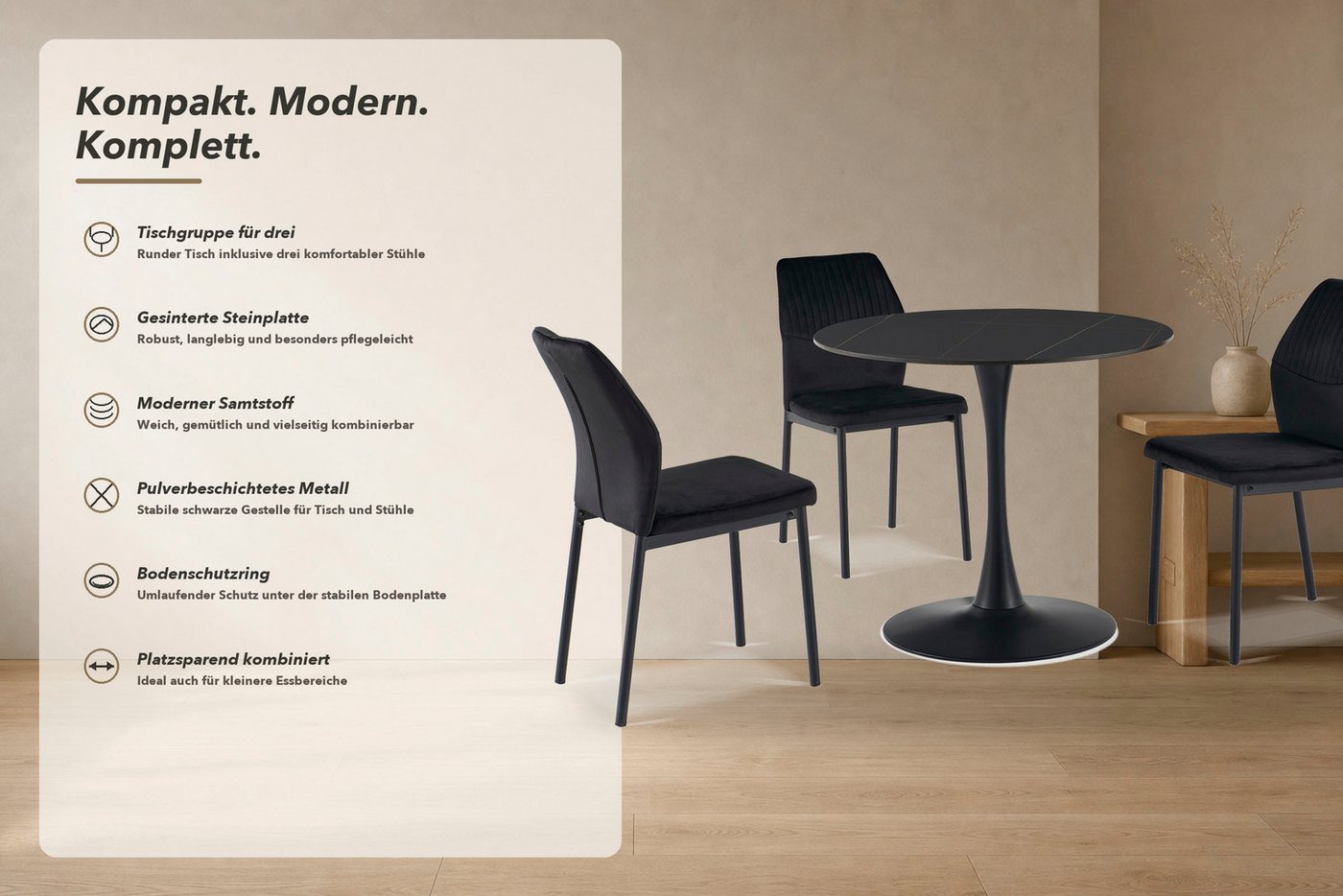 OTTO home Essgruppe Freya, Set, 4-tlg., (Set, 4-tlg., 3 Stühle + 1 Esstisch), runder Esstisch 90 cm in Sinterstein, Black Copper mit 3 Samtstühlen – Bild 3 von 5