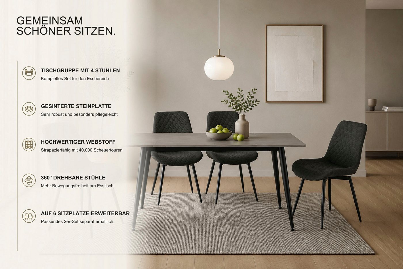 OTTO home Essgruppe Juniper, Set, 5-tlg., (Set, 5-tlg., 4 Stühle + 1 Esstisch), Tisch 140x80cm in Sinterstein-Keramikoptik mit 4 Stühlen, 360° drehbar – Bild 3 von 5