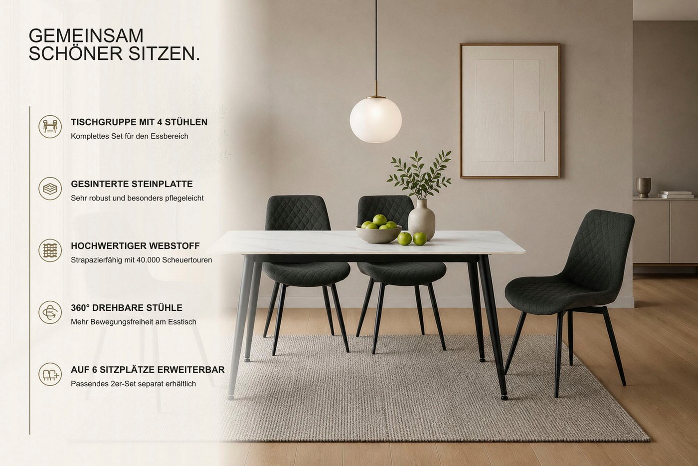 OTTO home Essgruppe Juniper, Set, 5-tlg., (Set, 5-tlg., 4 Stühle + 1 Esstisch), Tisch 140x80cm in Sinterstein-Keramikoptik mit 4 Stühlen, 360° drehbar – Bild 3 von 5