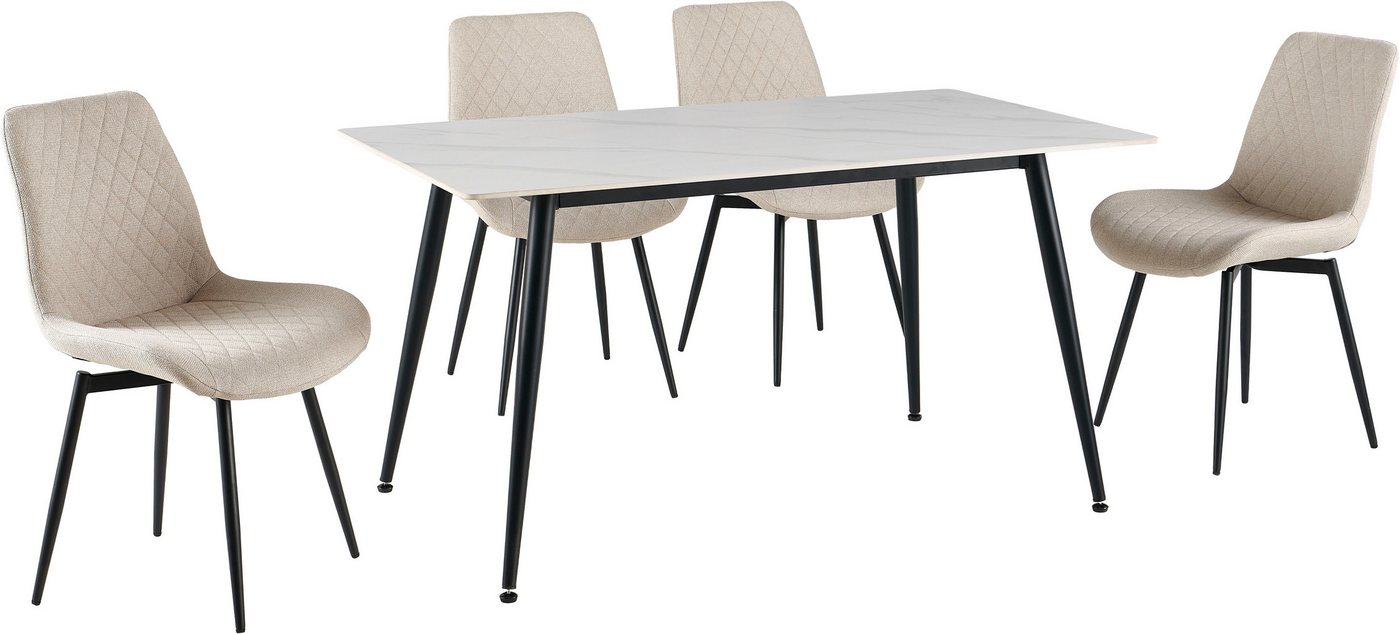 OTTO home Essgruppe Juniper, Set, 5-tlg., (Set, 5-tlg., 4 Stühle + 1 Esstisch), Tisch 140x80cm in Sinterstein-Keramikoptik mit 4 Stühlen, 360° drehbar – Bild 2 von 5