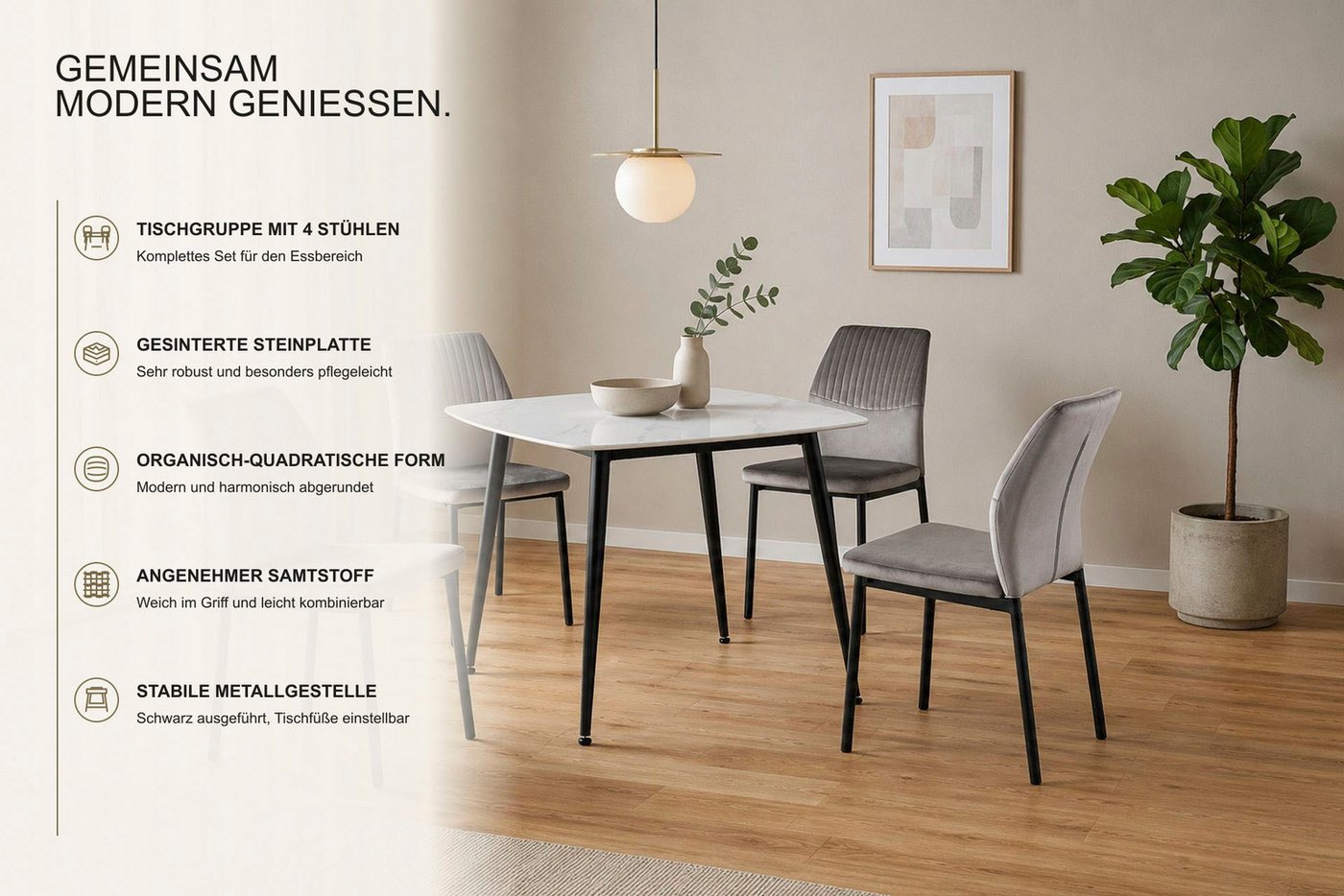 OTTO home Essgruppe Nora, Set, 5-tlg, (Set, 5-tlg., 4 Stühle + 1 Esstisch), mit 4 bequemen Stühlen, Esstisch aus gesintertem Stein in Keramikoptik – Bild 4 von 5