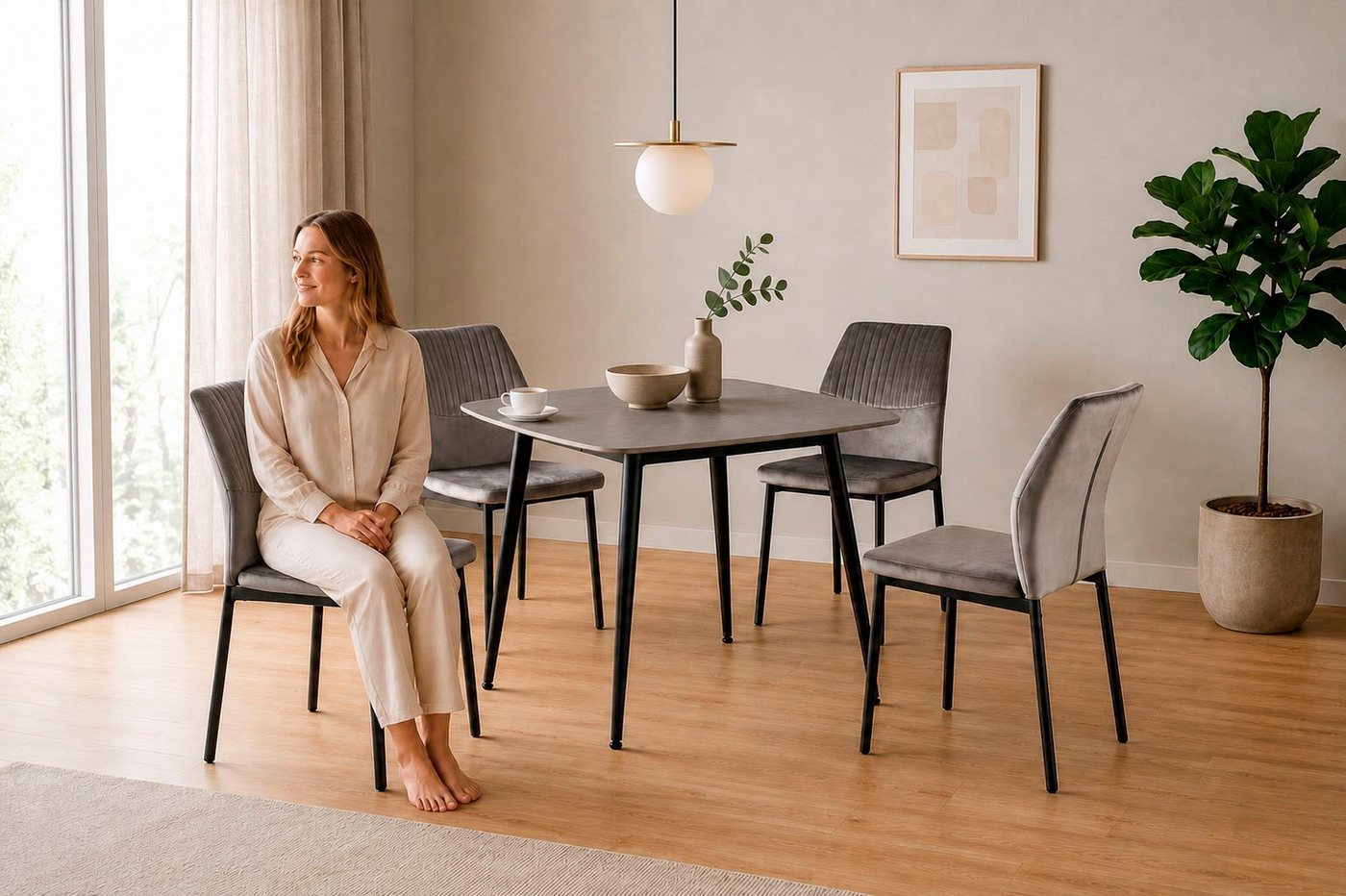 OTTO home Essgruppe Nora, Set, 5-tlg, (Set, 5-tlg., 4 Stühle + 1 Esstisch), mit 4 bequemen Stühlen, Esstisch aus gesintertem Stein in Keramikoptik – Bild 2 von 5