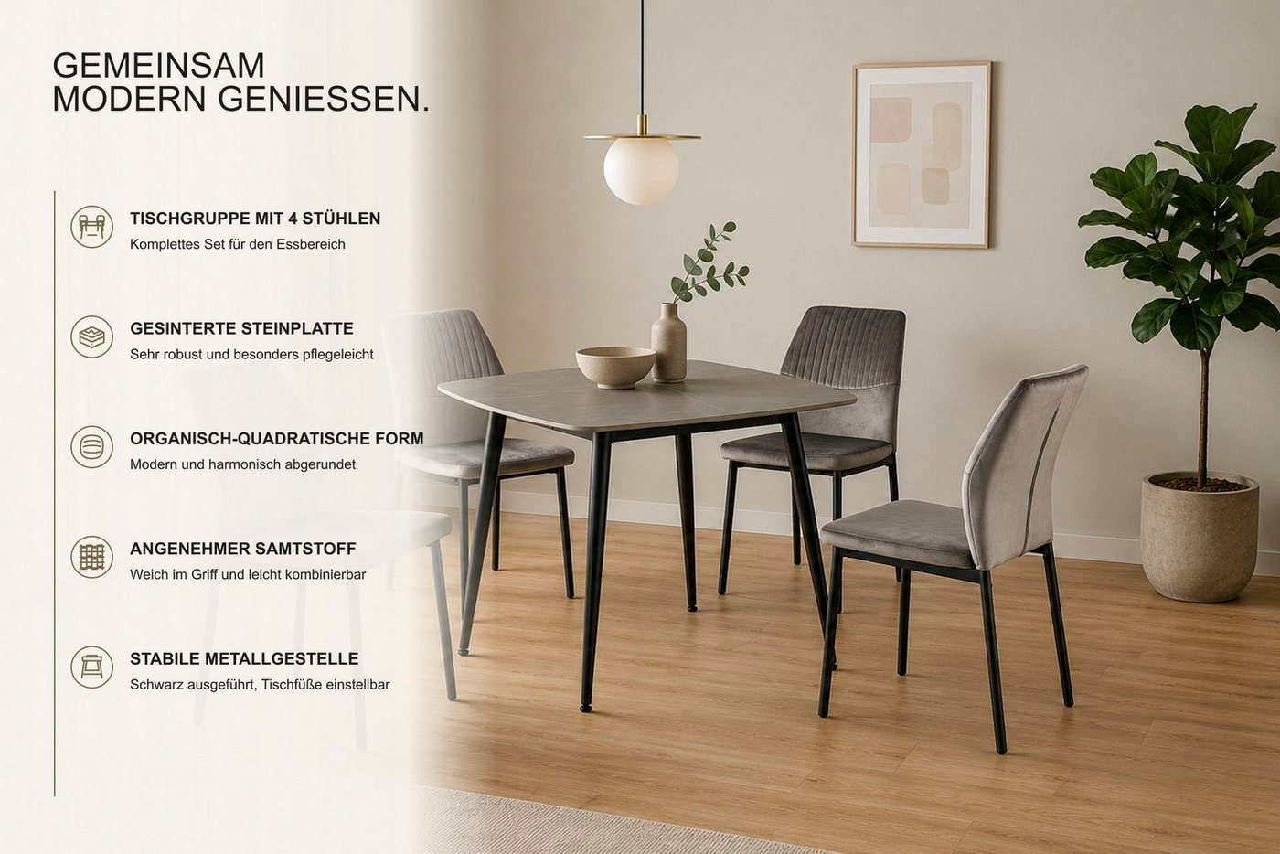 OTTO home Essgruppe Nora, Set, 5-tlg, (Set, 5-tlg., 4 Stühle + 1 Esstisch), mit 4 bequemen Stühlen, Esstisch aus gesintertem Stein in Keramikoptik – Bild 4 von 5