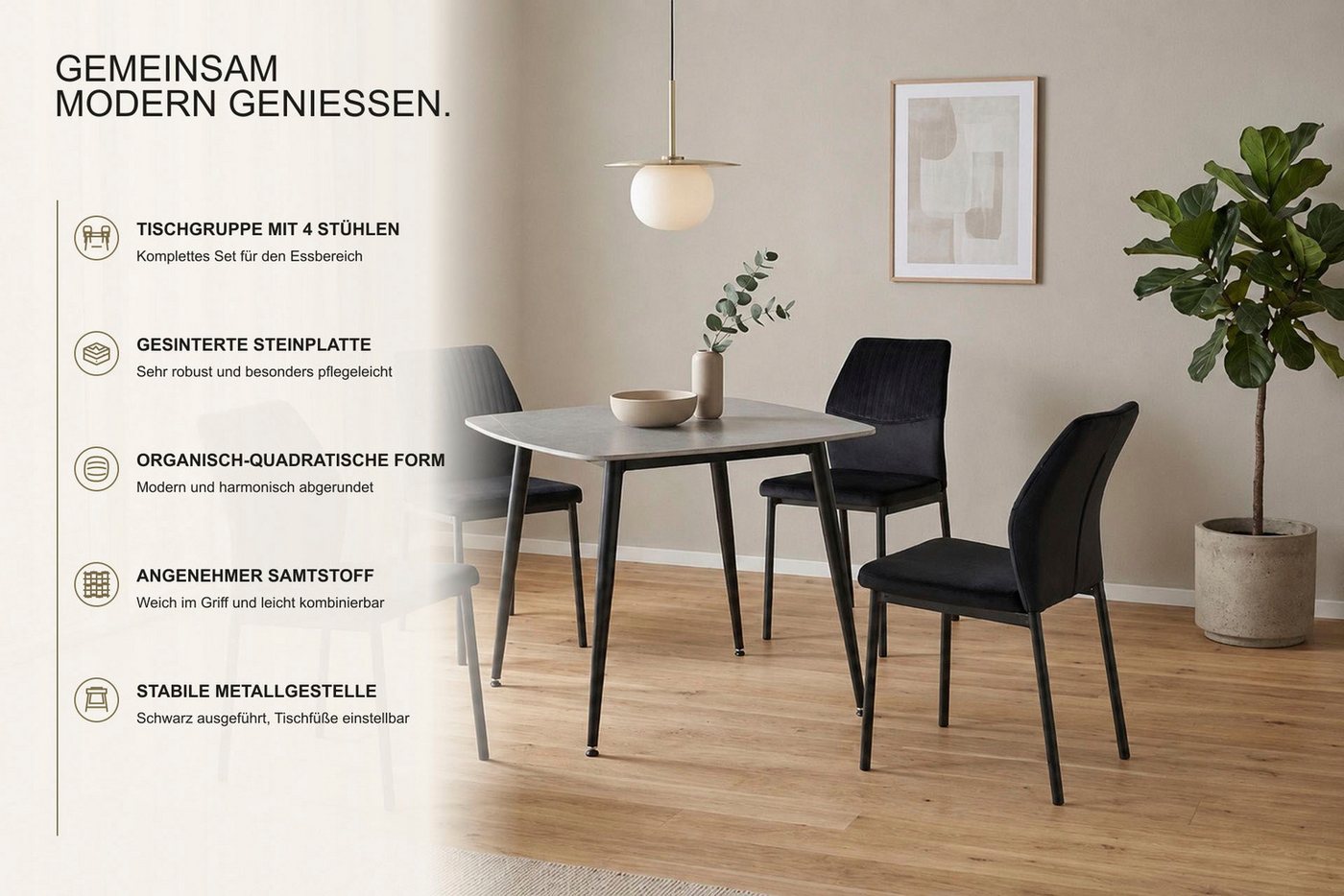 OTTO home Essgruppe Nora, Set, 5-tlg, (Set, 5-tlg., 4 Stühle + 1 Esstisch), mit 4 bequemen Stühlen, Esstisch aus gesintertem Stein in Keramikoptik – Bild 4 von 5