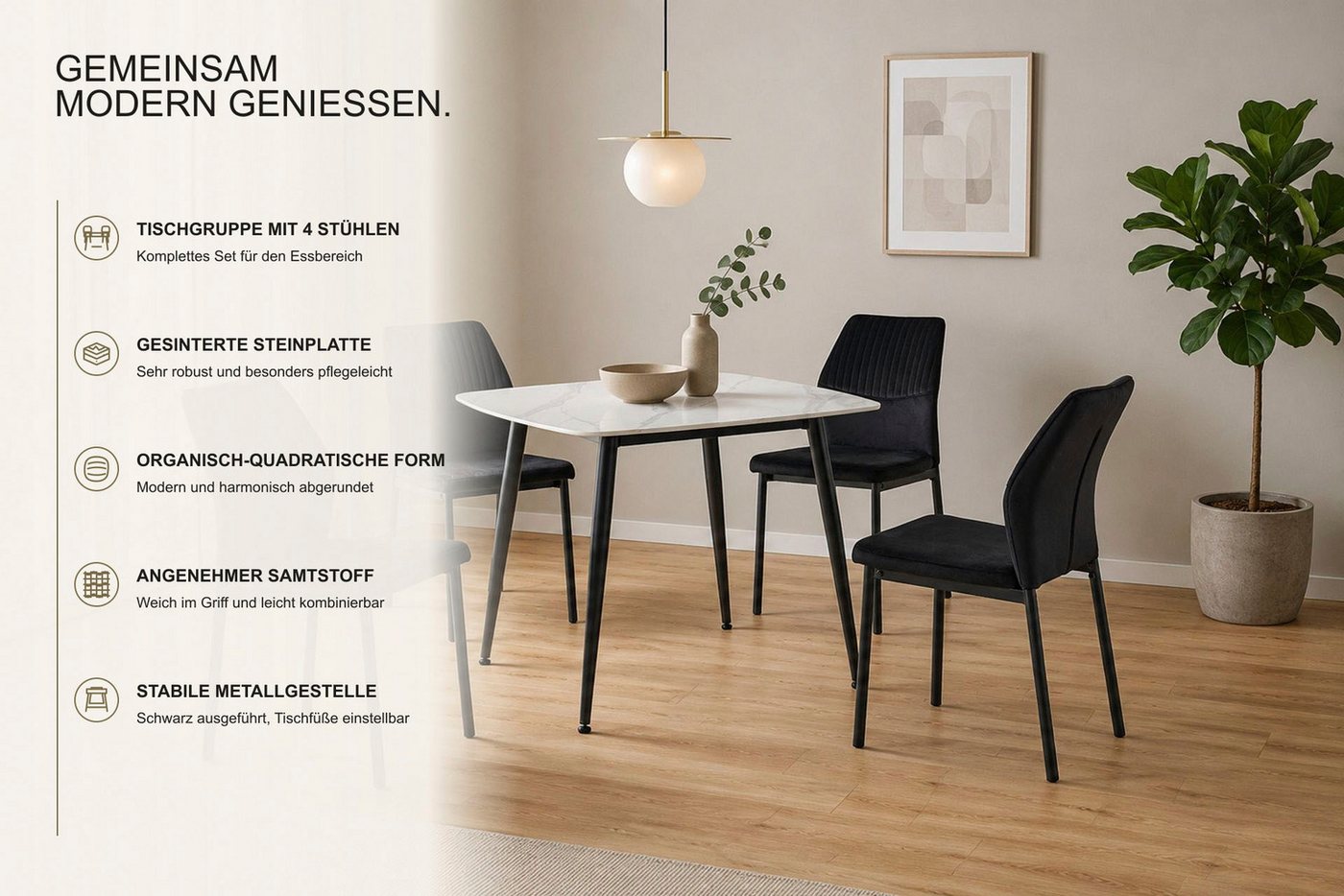 OTTO home Essgruppe Nora, Set, 5-tlg, (Set, 5-tlg., 4 Stühle + 1 Esstisch), mit 4 bequemen Stühlen, Esstisch aus gesintertem Stein in Keramikoptik – Bild 4 von 5