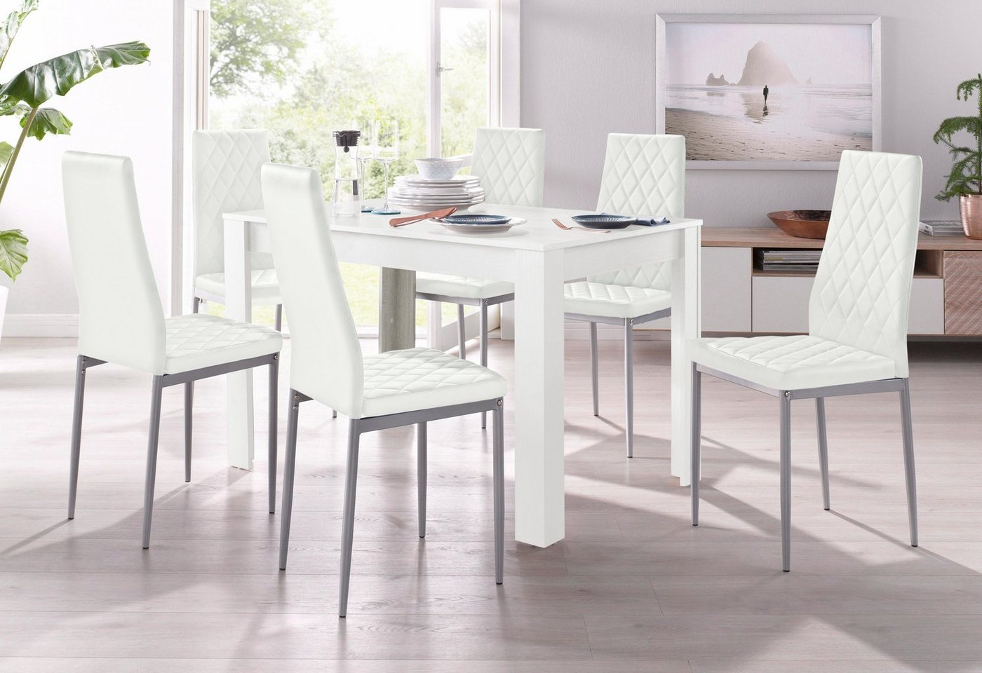 OTTO home Essgruppe Tisch, Stuhl, (Set, 5-tlg., 5tlg. Set. Tisch 120 cm plus 4 Stühle), Tisch 120 cm, 4 Stühle in Lederoptik – Bild 3 von 5