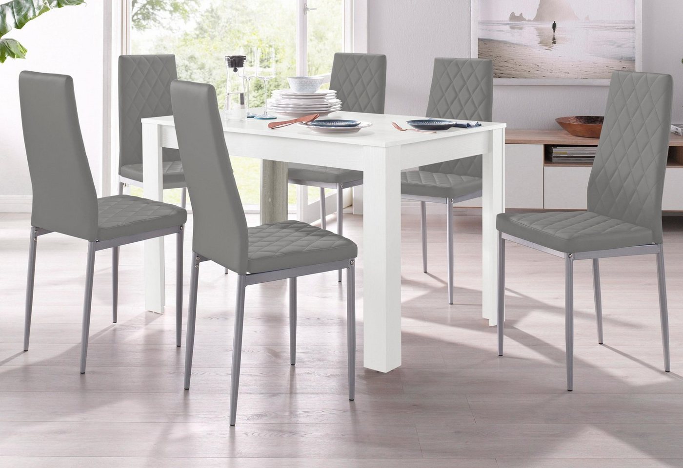 OTTO home Essgruppe Tisch, Stuhl, (Set, 5-tlg., 5tlg. Set. Tisch 120 cm plus 4 Stühle), Tisch 120 cm, 4 Stühle in Lederoptik – Bild 3 von 5