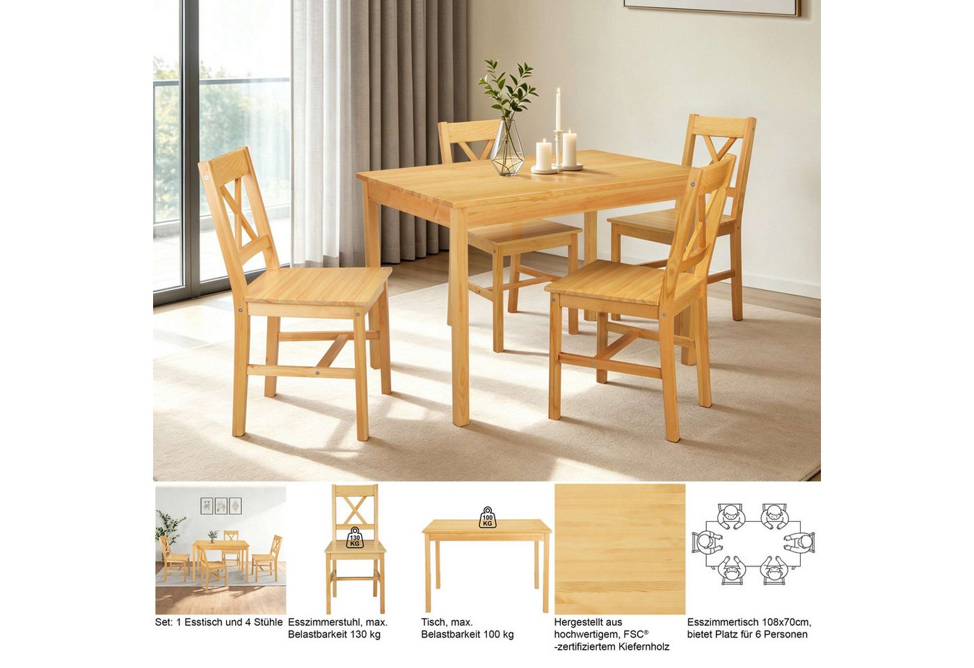 OTTO home Essgruppe Willow, (Set, 5-tlg), Esstisch mit 4 Stühlen, aus massivem Kiefernholz – Bild 3 von 5