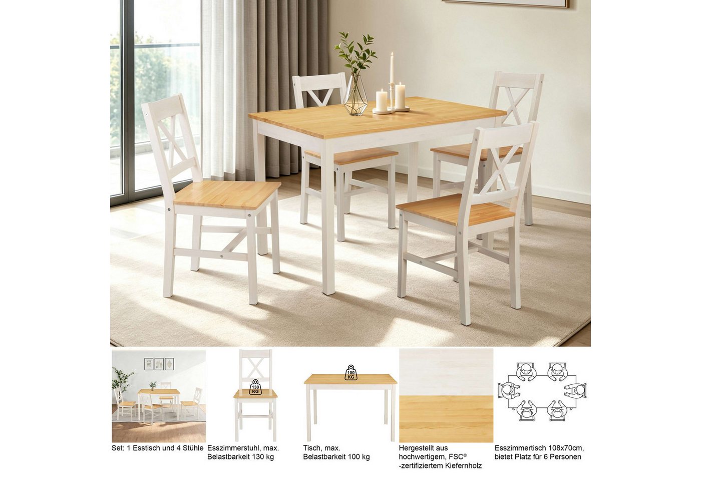 OTTO home Essgruppe Willow, (Set, 5-tlg), Esstisch mit 4 Stühlen, aus massivem Kiefernholz – Bild 3 von 5