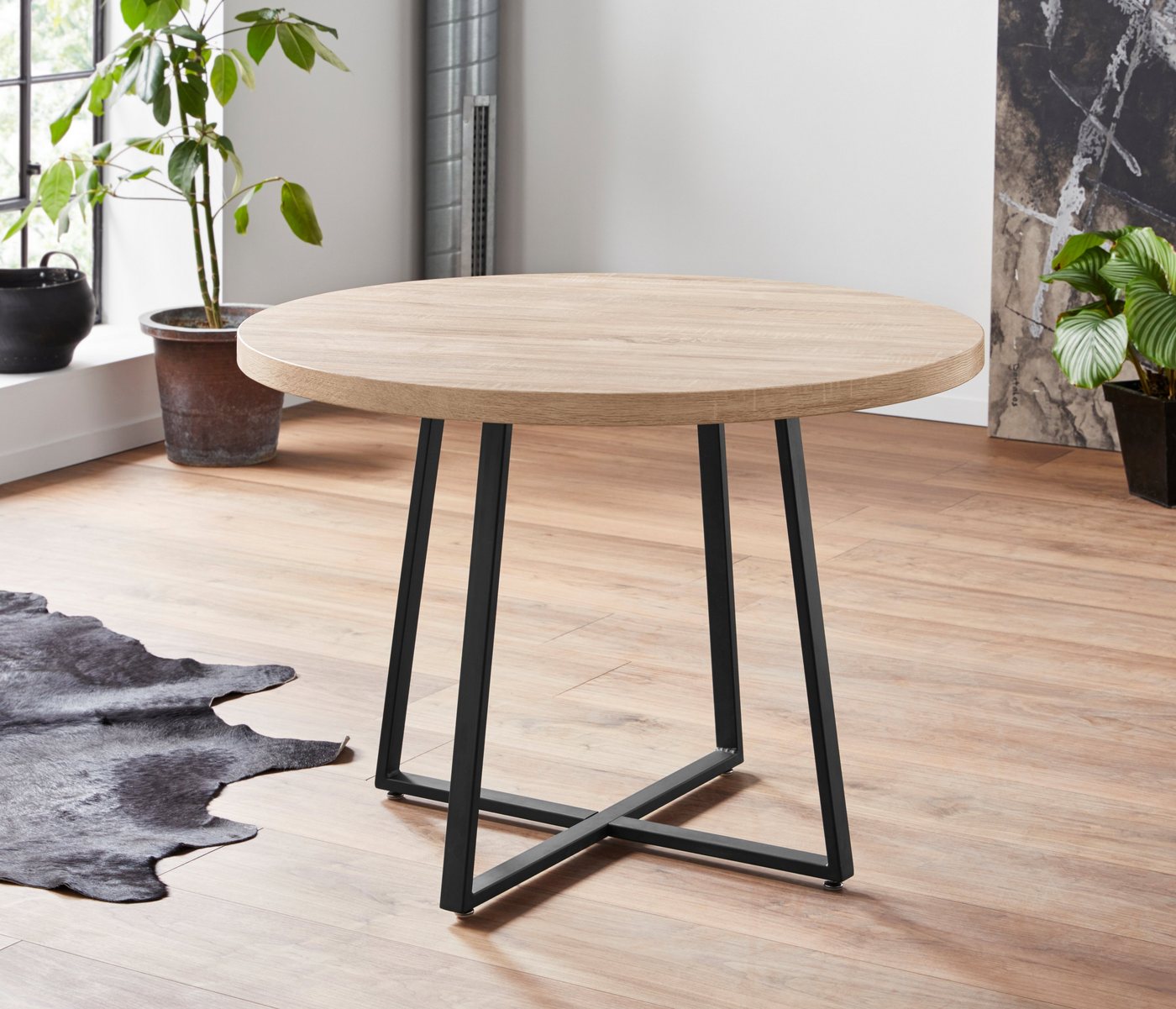 OTTO home Esstisch Anja (Küchentisch, Tisch, Runder Tisch), Kreuzfußgestell aus Metall, Naturholz Optik Tischplatte – Bild 2 von 5